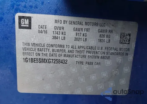 2016 Chevrolet Cruze Lt Auto from USA, damaged, VIN 1G1BE5SMXG7258432